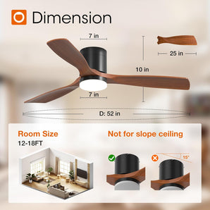 52" Low Profile Ceiling Fan with Light & Remote, Flush Mount, 3 Wood Blades, 3CCT Dimmable, Reversible – Black Walnut, Indoor/Outdoor - 2