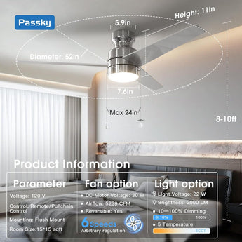 52" Low Profile Flush Mount Ceiling Fan with Light, Remote & Pull Chain, 5CCT Dimmable, Reversible, Quiet - 7