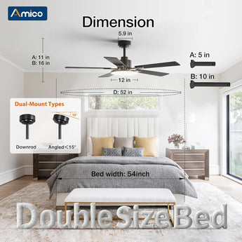 Amico 52" Downrod Mount Smart Ceiling Fan with Light, 3CCT Dimmable, 6 Speeds, Reversible DC Motor, Remote APP Alexa Control, Quiet for Home Bedroom Living Room, Black - 6