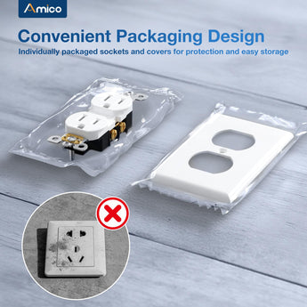 Amico-15A Duplex Tamper Resistant Decorator Outlet with Self-Grounding, Wall Plate & Screws, White-6
