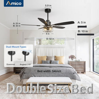 52 Inch Black Caged Ceiling Fan with Light, Remote Control 3CCT Dimmable Quiet Indoor Outdoor Fan - 3