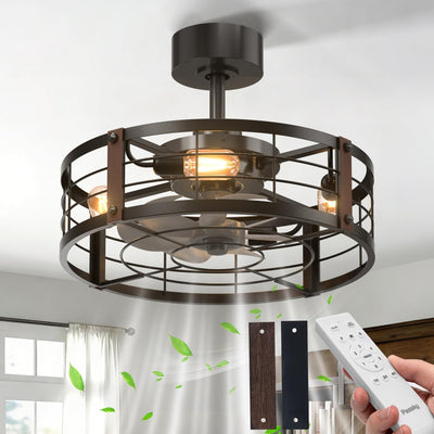 20" Farmhouse Caged Ceiling Fan with Light & Remote, Bladeless Fandelier, 6 Speeds – Black, Indoor