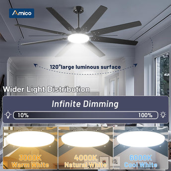 72" Large Ceiling Fan with Light & Remote, 3CCT Dimmable, Quiet – Modern Black, Indoor/Outdoor - 6