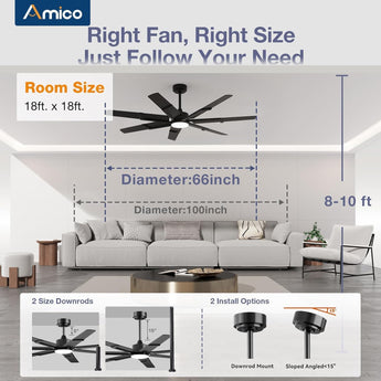 66 inch Ceiling Fans with Lights and Remote, 6 Speed Reversible DC Motor, 3CCT, Dimmable, Quiet, Timer Indoor/Outdoor - 6