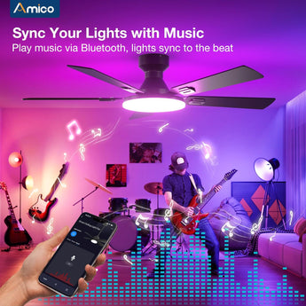Amico 52'' Smart RGB Ceiling Fan with Light, Flush Mount, Reversible DC Motor, 3CCT Dimmable Light, 6 Speeds, Remote/APP/Alexa Control, Noiseless for Bedroom Living Room, Black - 7
