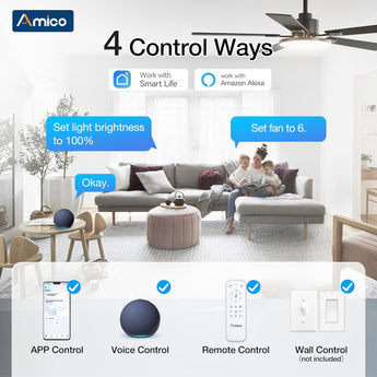 Amico 52" Downrod Mount Smart Ceiling Fan with Light, 3CCT Dimmable, 6 Speeds, Reversible DC Motor, Remote APP Alexa Control, Quiet for Home Bedroom Living Room, Black - 8