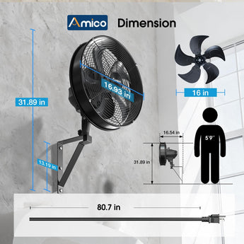Amico Indoor/Outdoor Wall Mount Fan with Remote, Industrial Waterproof Oscillating Wall Mounted Fan, DC Motor 8 Speeds High Velocity for Garage, Patio, Gym, Warehouse - 4