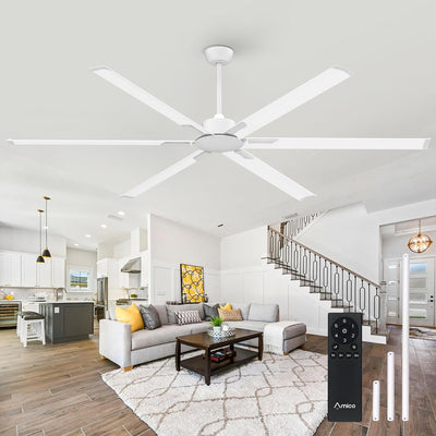84" Industrial Ceiling Fan – 6-Blade, Reversible, Noiseless, Remote Control, Indoor/Outdoor, White for Patio, Porch, Garage