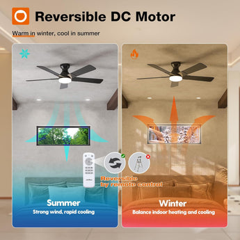 52" Low Profile Ceiling Fan with Light & Remote, Flush Mount, 3CCT Dimmable, Reversible, Quiet, Indoor/Outdoor - 5