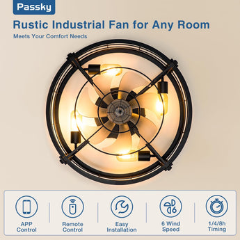 20" Farmhouse Caged Ceiling Fan with Light & Remote, Bladeless Fandelier, 6 Speeds – Black, Indoor - 5