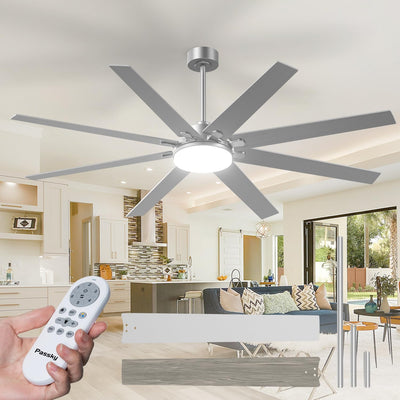 72" Large Ceiling Fan with Light & Remote, 3CCT Dimmable, Reversible, Quiet – Modern Nickel, Indoor/Outdoor