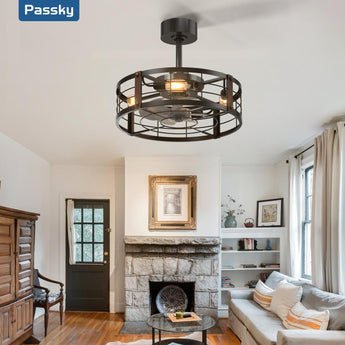 20" Farmhouse Caged Ceiling Fan with Light & Remote, Bladeless Fandelier, 6 Speeds – Black, Indoor - 8