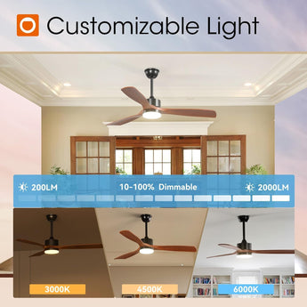 52" Ceiling Fan with Light & Remote, 3 Wood Blades, 6 Speeds, 3CCT Dimmable, Reversible, Quiet – Indoor/Outdoor Black Walnut - 7
