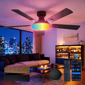 Amico 52'' Smart RGB Ceiling Fan with Light, Flush Mount, Reversible DC Motor, 3CCT Dimmable Light, 6 Speeds, Remote/APP/Alexa Control, Noiseless for Bedroom Living Room, Black - 1