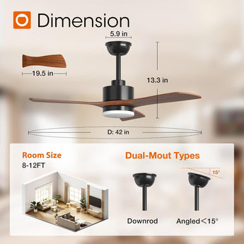 42" Ceiling Fan with Light & Remote, 3 Wood Blades, 6 Speeds, 3CCT Dimmable, Reversible, Quiet – Indoor/Outdoor Black Walnut - 3