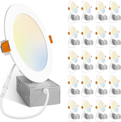 20 - Pack 6 Inch Canless LED Recessed Lights, Ultra - Thin 5CCT 2700K–6000K, 1200LM Dimmable, Junction Box, ETL - 1