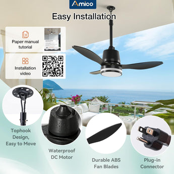 Amico 36" Outdoor Ceiling Fan with Light, IP65 Waterproof 3CCT 6 Speed Hanging Gazebo Fan, Remote Plug in for Patio Porch Garage, Black - 6