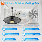 Outdoor Ceiling Fan with Light for Patios, 24 inch Black Waterproof Gazebo Fan with Remote&APP Control, Reversible, Dimmable, Plug in Hook Mount Portable Fan for Garage Pergola Porch Canopy Visit the addlon Sto - 4