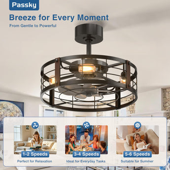 20" Farmhouse Caged Ceiling Fan with Light & Remote, Bladeless Fandelier, 6 Speeds – Black, Indoor - 3