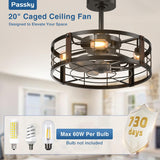 20" Farmhouse Caged Ceiling Fan with Light & Remote, Bladeless Fandelier, 6 Speeds – Black, Indoor - 6