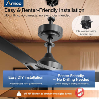 Amico 52" Modern Ceiling Fan with Light & Remote – Dimmable 3CCT, Quiet Black Fan for Living Room, Bedroom & Kitchen - 4