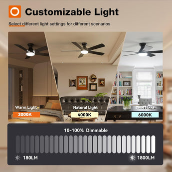 52" Low Profile Ceiling Fan with Light & Remote, Flush Mount, 3CCT Dimmable, Reversible, Quiet, Indoor/Outdoor - 3