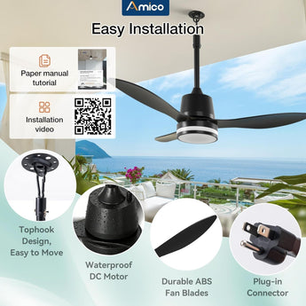 Amico 42 Inch IP65 Waterproof Outdoor Ceiling Fan with Light, 3CCT 6 Speeds Hanging Patio Fan with Remote Control, Plug in Design for Porch Pergola Garage Canopy, Black - 4