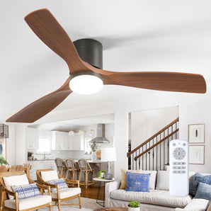 52" Low Profile Ceiling Fan with Light & Remote, Flush Mount, 3 Wood Blades, 3CCT Dimmable, Reversible – Black Walnut, Indoor/Outdoor - 1