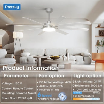 72" Large Ceiling Fan with Light & Remote, 3CCT Dimmable, Reversible, Quiet – Modern Nickel, Indoor/Outdoor - 3