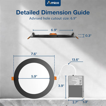 7 Inch Recessed LED Lighting, Slim Design, Selectable CCT, 1300 Lumens, Black Trim - 7