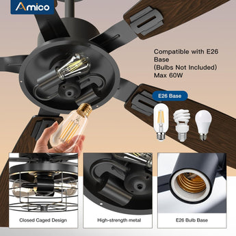 52 Inch Black Caged Ceiling Fan with Light, Remote Control 3CCT Dimmable Quiet Indoor Outdoor Fan - 4