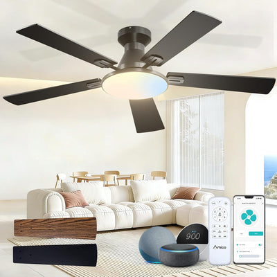52" Flush Mount Smart Ceiling Fan with Light, Amico Reversible DC Motor, 3CCT Dimmable, 6 Speeds, Remote/APP/Alexa Control, Noiseless Black - 1