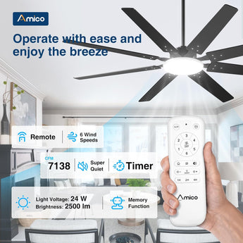 72" Large Ceiling Fan with Light & Remote, 3CCT Dimmable, Quiet – Modern Black, Indoor/Outdoor - 4
