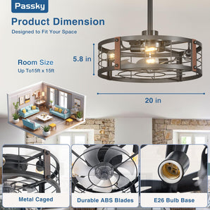 20" Farmhouse Caged Ceiling Fan with Light & Remote, Bladeless Fandelier, 6 Speeds – Black, Indoor - 2