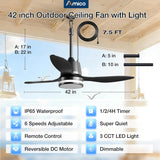 Amico 42 Inch IP65 Waterproof Outdoor Ceiling Fan with Light, 3CCT 6 Speeds Hanging Patio Fan with Remote Control, Plug in Design for Porch Pergola Garage Canopy, Black - 7