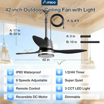Amico 42 Inch IP65 Waterproof Outdoor Ceiling Fan with Light, 3CCT 6 Speeds Hanging Patio Fan with Remote Control, Plug in Design for Porch Pergola Garage Canopy, Black - 7