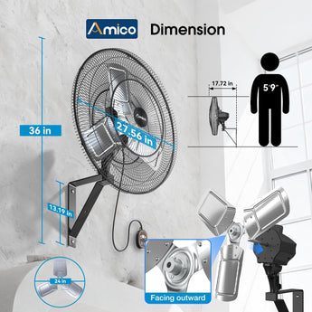 Amico Industrial Wall Mount Fan with Remote Control, DC Motor, 8 Speeds, 8690 CFM High Velocity, Oscillating Shop Fan with Timer for Gym, Patio,Garage, Outdoor - 5