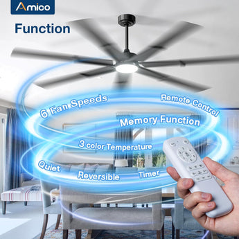 Amico 74 inch Ceiling Fans with Light and Remote, 6 Speed Reversible DC Motor, 3CCT, Dimmable, Quiet, Timer, Large Modern Ceiling Fan for Living room, Indoor/Outdoor - 6
