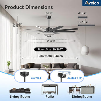 72" Large Ceiling Fan No Light with Remote, 3CCT Dimmable, Reversible, Quiet – Modern, Indoor/Outdoor-4