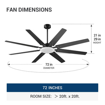 72" Large Ceiling Fan with Light & Remote, 3CCT Dimmable, Quiet – Modern Black, Indoor/Outdoor - 3