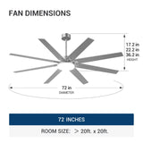 72" Large Ceiling Fan with Light & Remote, 3CCT Dimmable, Reversible, Quiet – Modern Nickel, Indoor/Outdoor - 3