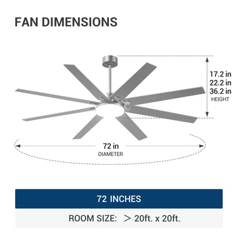 72" Large Ceiling Fan with Light & Remote, 3CCT Dimmable, Reversible, Quiet – Modern Nickel, Indoor/Outdoor - 3
