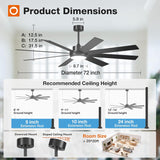 72" Large Ceiling Fan with Lights & Remote, Modern Black DC Ceiling Fan, Reversible, Dimmable 5CCT for Indoor/Outdoor Use - 3