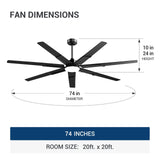74 inch Ceiling Fans with Light and Remote, 6 Speed Reversible DC Motor, 3CCT, Dimmable, Quiet, Timer, Large Modern Ceiling Fan for Living room, Indoor/Outdoor - 3