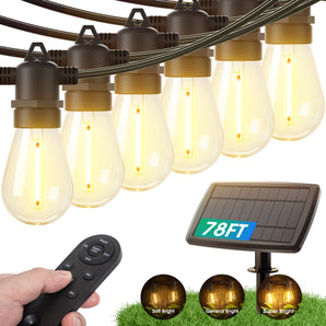 S14 Solar String Lights, Dimmable LED Bulbs, USB Port, Remote Control, 3 Lighting Modes