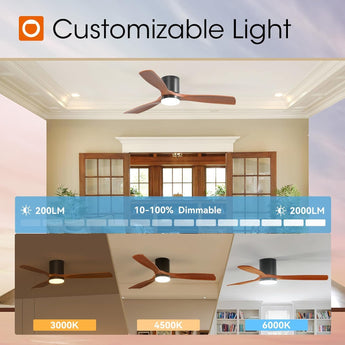 52" Low Profile Ceiling Fan with Light & Remote,2 - Pack,3 Wood Blades, Flush Mount, 3 - CCT Dimmable, Reversible - 7
