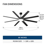 80" Modern Ceiling Fan with Light & Remote – Reversible, Dimmable 3CCT, Quiet Black Fan for Bedroom, Living Room, Patio & Outdoor - 3