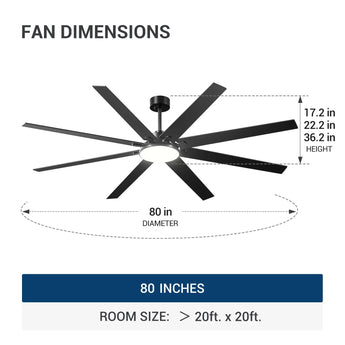 80" Modern Ceiling Fan with Light & Remote – Reversible, Dimmable 3CCT, Quiet Black Fan for Bedroom, Living Room, Patio & Outdoor - 3