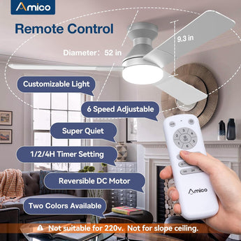 52" Low Profile Ceiling Fan with Light & Remote, Flush Mount, 3 - CCT Dimmable, Reversible & Noiseless,4 Colors Available - 3