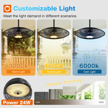 Outdoor Ceiling Fan with Light for Patios, 24 inch Black Waterproof Gazebo Fan with Remote&APP Control, Reversible, Dimmable, Plug in Hook Mount Portable Fan for Garage Pergola Porch Canopy Visit the addlon Sto - 10